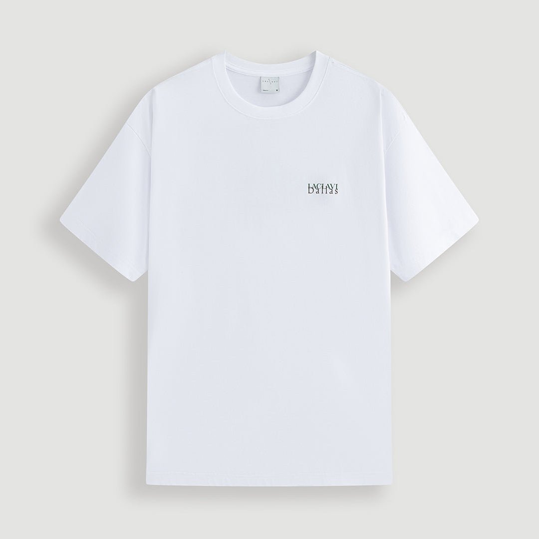 Men's white city edition golf t-shirt front view with small chest logo on cream background - Laclavi Golf