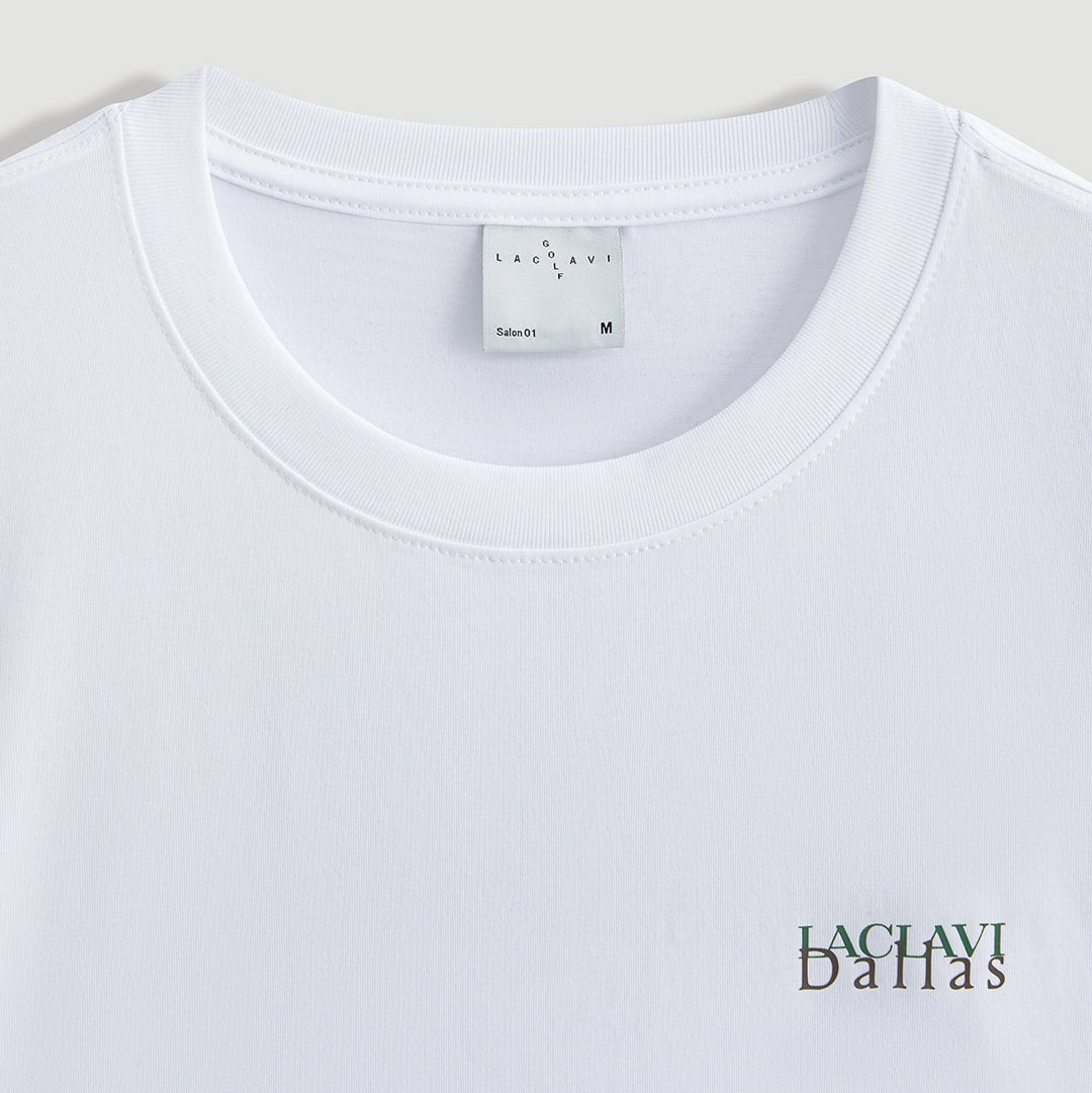 White city edition golf t-shirt neckline showing branded interior label and Laclavi Dallas print detail - Laclavi Golf