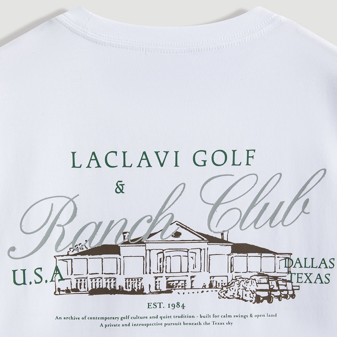 Close-up of Laclavi Golf Ranch Club Dallas Texas EST 1984 vintage graphic print on white golf t-shirt - Laclavi Golf