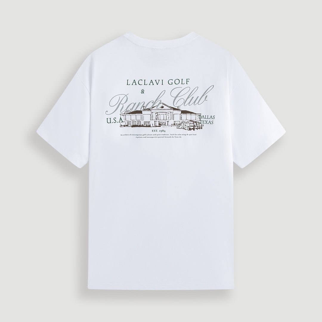 Men's white golf t-shirt with Laclavi Golf Ranch Club vintage graphic print on front - Laclavi Golf