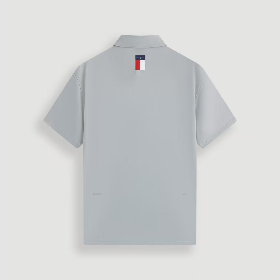 Gray men's cowboy performance polo shirt back view with woven Laclavi Golf label at neckline - Laclavi Golf