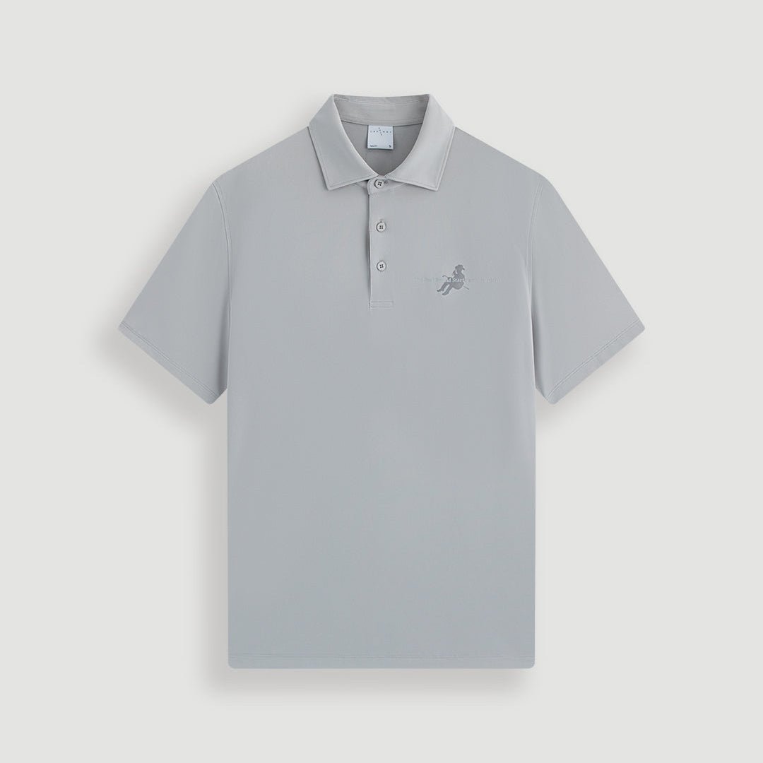 Gray men's cowboy performance polo shirt front view with embroidered cowboy logo on chest - Laclavi Golf