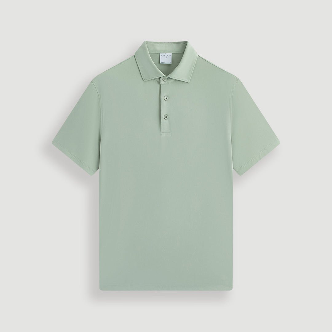 Green men's cowboy performance polo shirt front view with three-button placket flat lay - Laclavi Golf