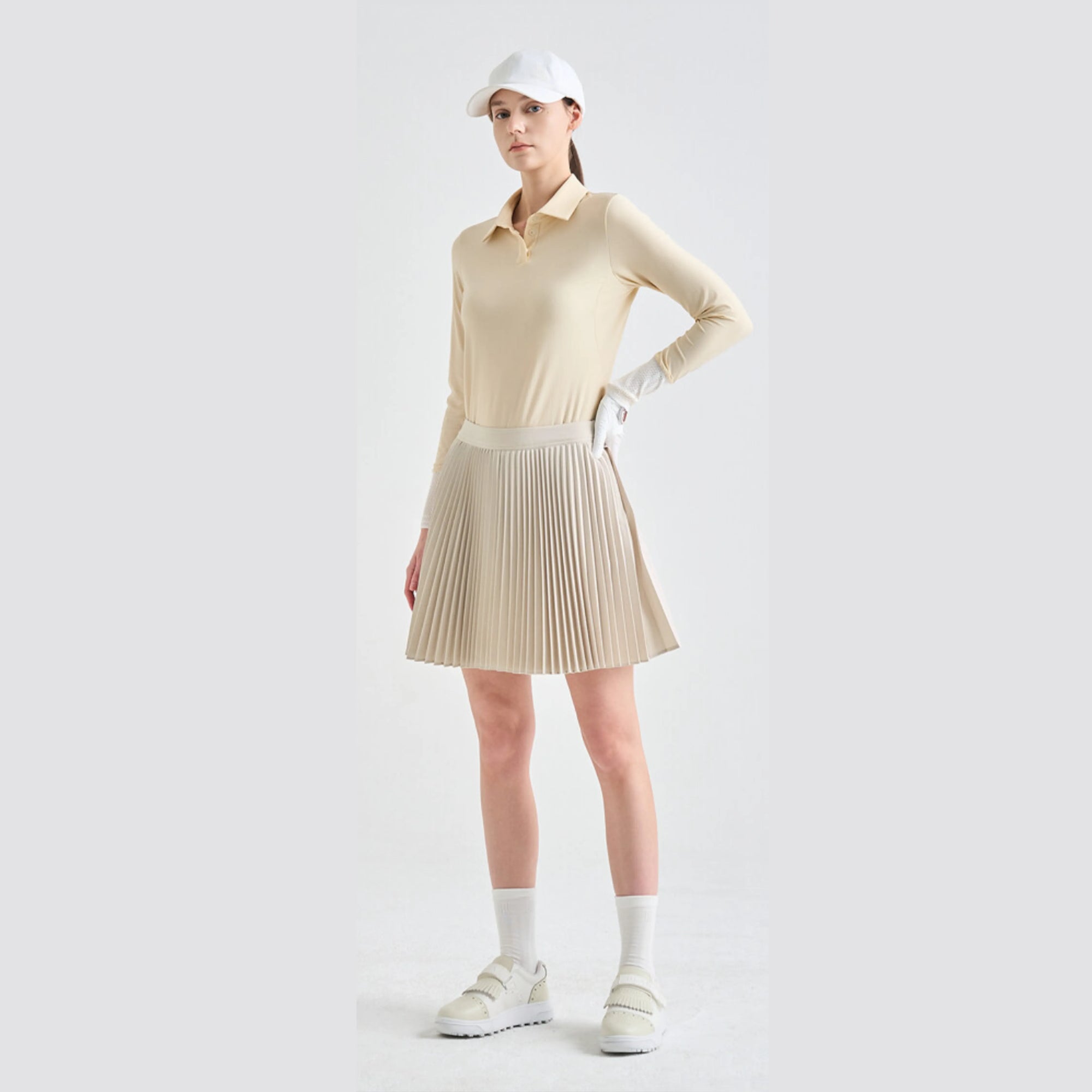 Women's Pleated Stretch Skirt - Oatmeal - Erthe Golf