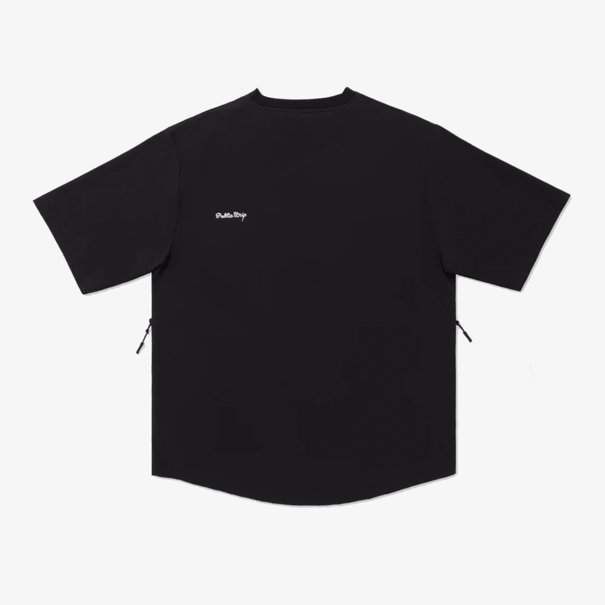 Front view of a black lightweight golf shirt with zippered side pockets.