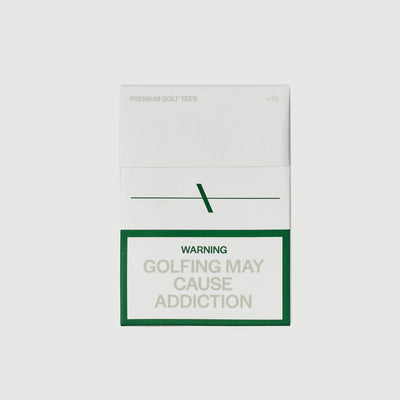 Premium Golf Tees white box with Laclavi logo and warning golfing may cause addiction humorous card - Laclavi Golf