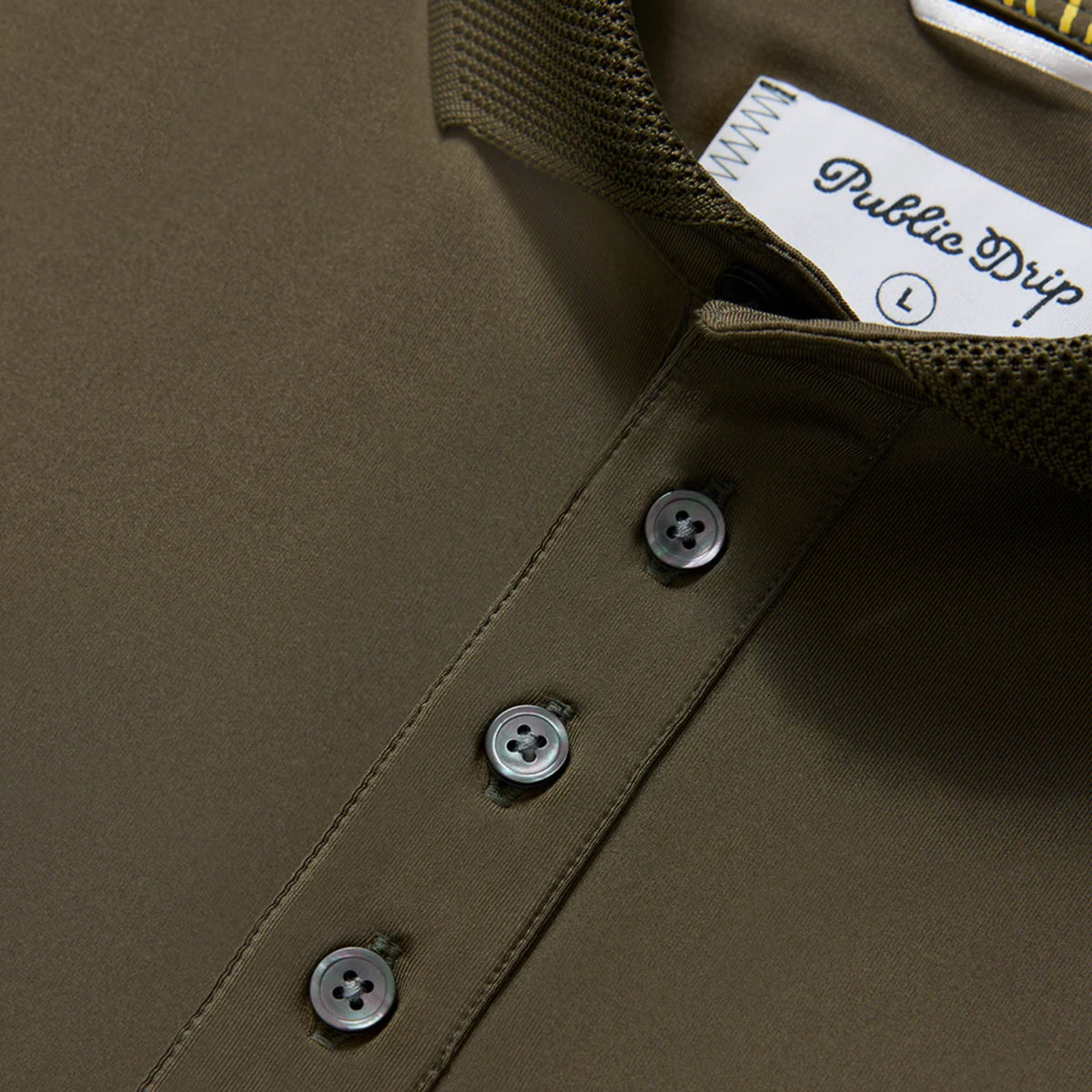Close-up of the moisture-wicking knit fabric of the olive Athlete Polo.