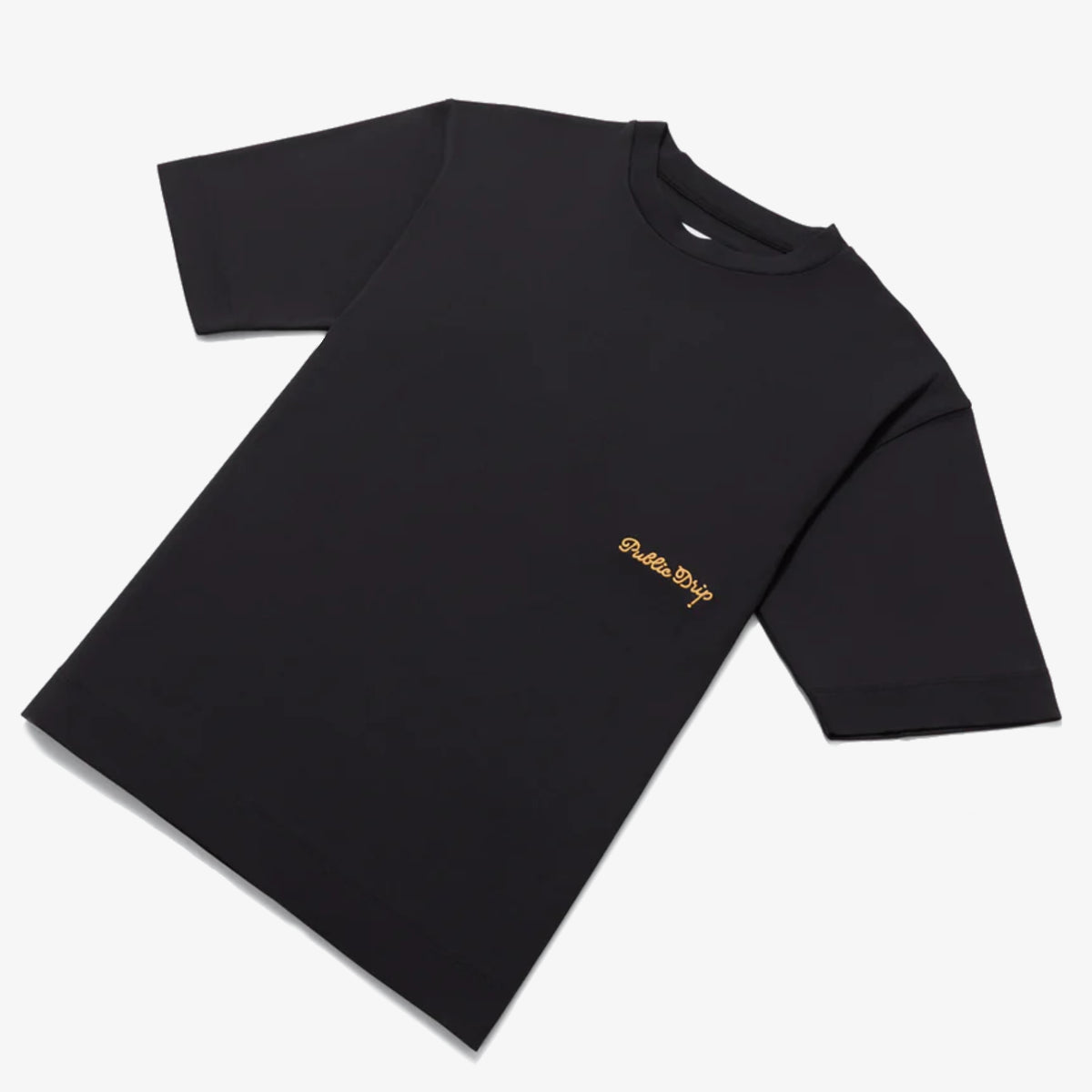 Front view of a black golf shirt.