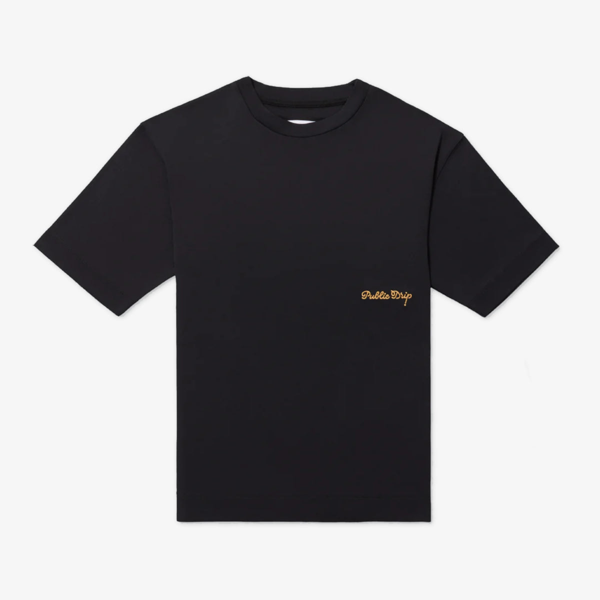 Front view of a black golf shirt.