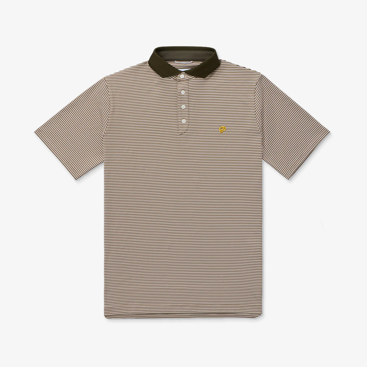 Olive cream striped polo shirt with a small logo.