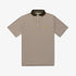Olive cream striped polo shirt with a small logo.