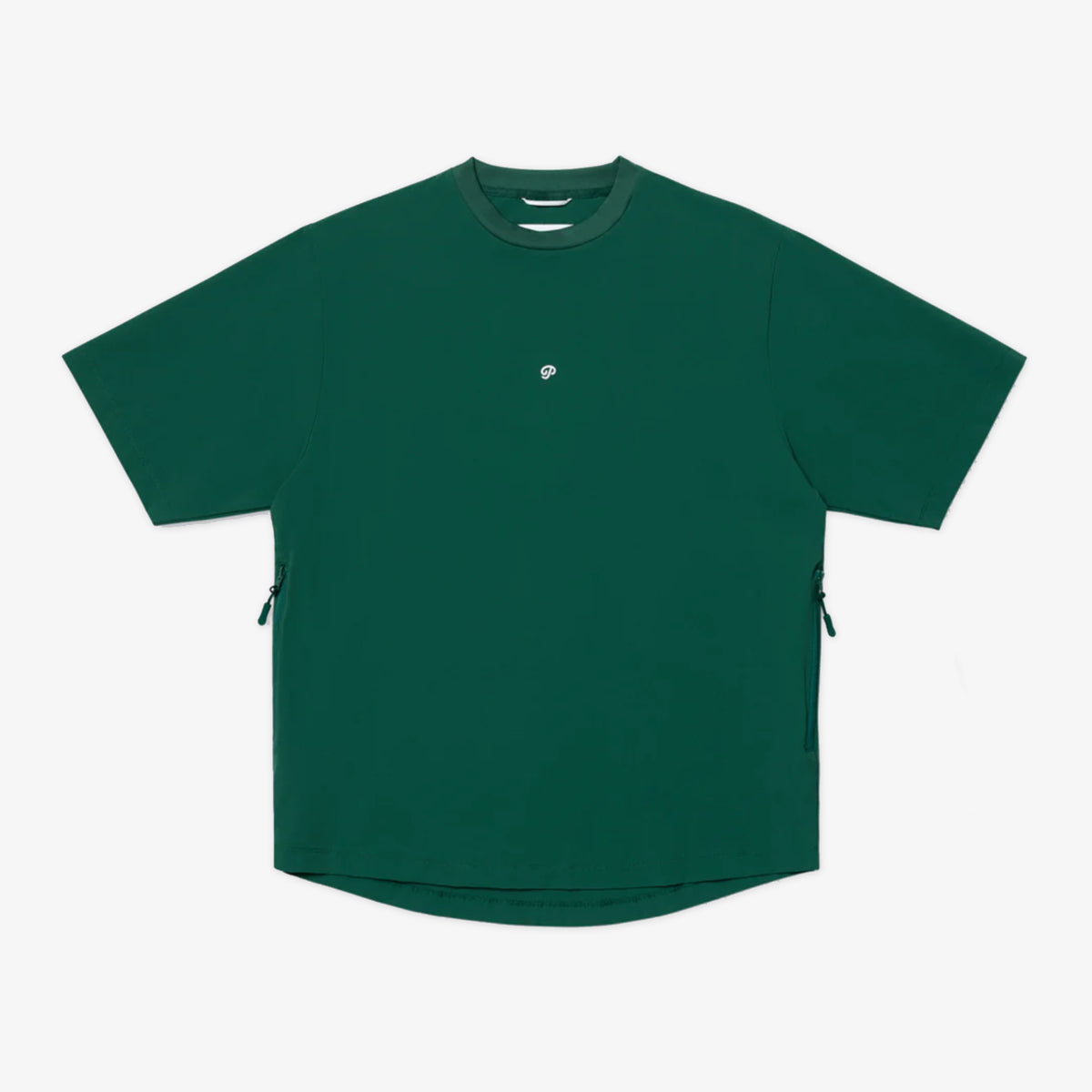 Front view of a green lightweight golf shirt with a zippered side pocket.