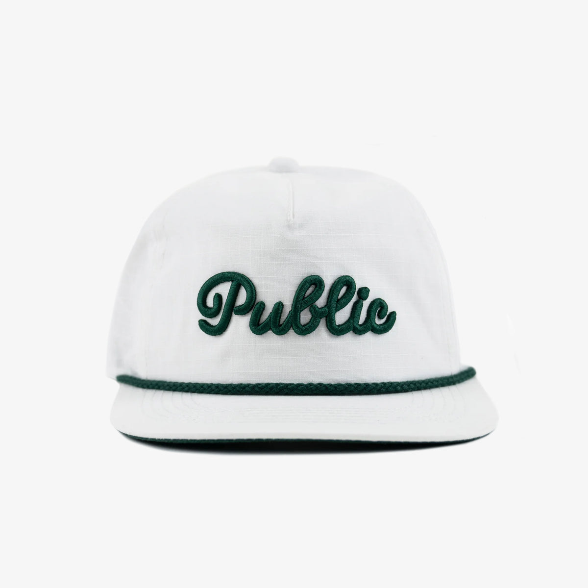 White cap with a green 'Public' text and a rope.