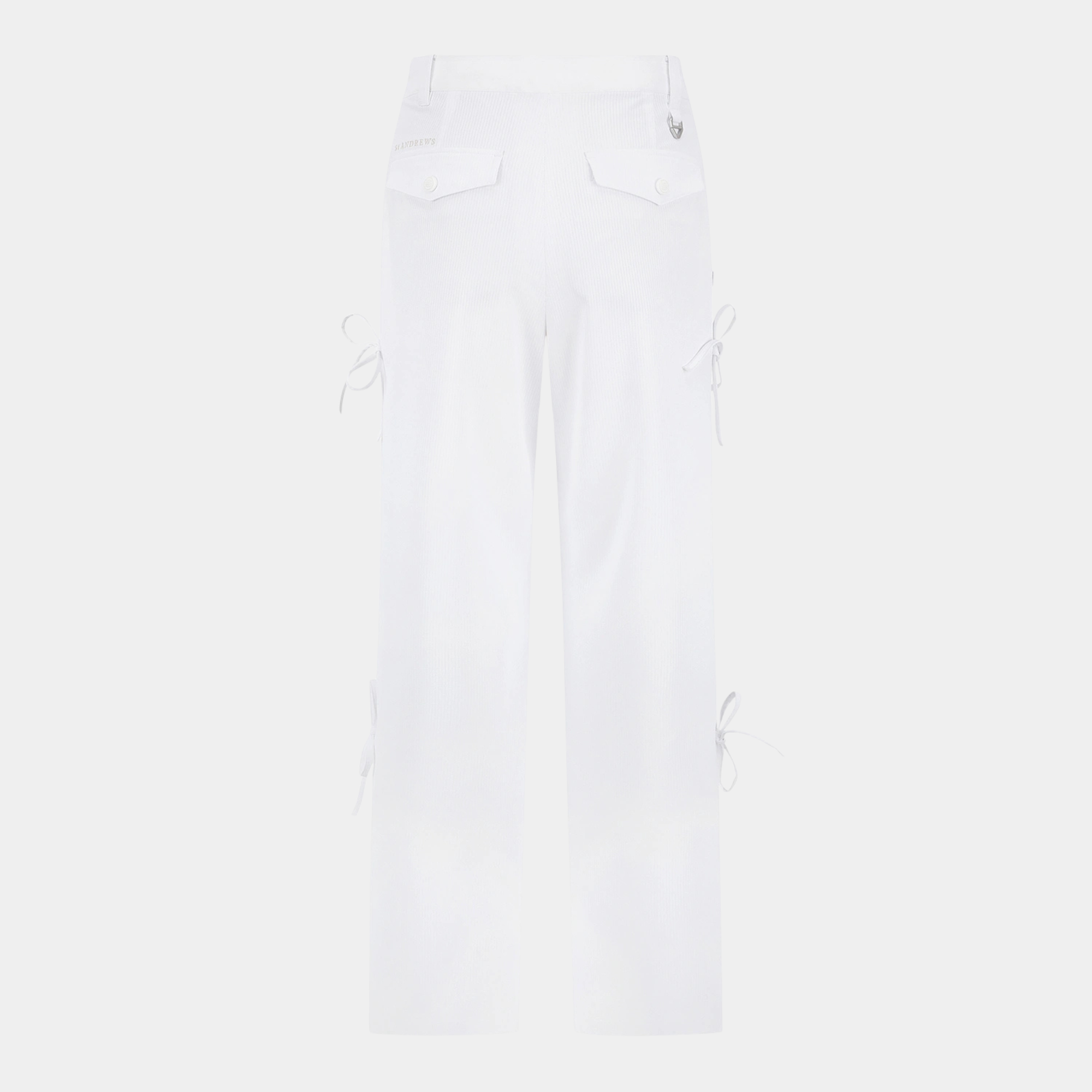 White cargo pants with side tie details and flap pockets, shown from the back on a light gray background.