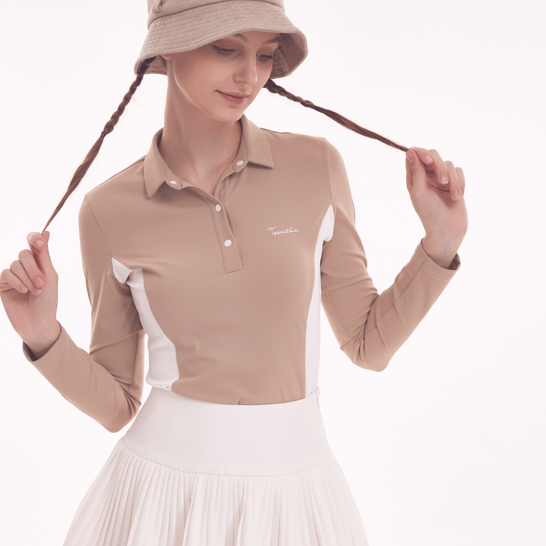 Women&#39;s Stretch Polo Long Sleeve - Khaki - Erthe Golf