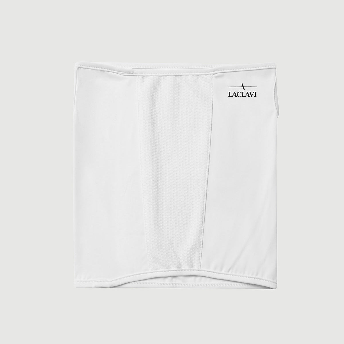White UV shield neck gaiter with Laclavi logo shown flat lay for golf sun protection - Laclavi Golf