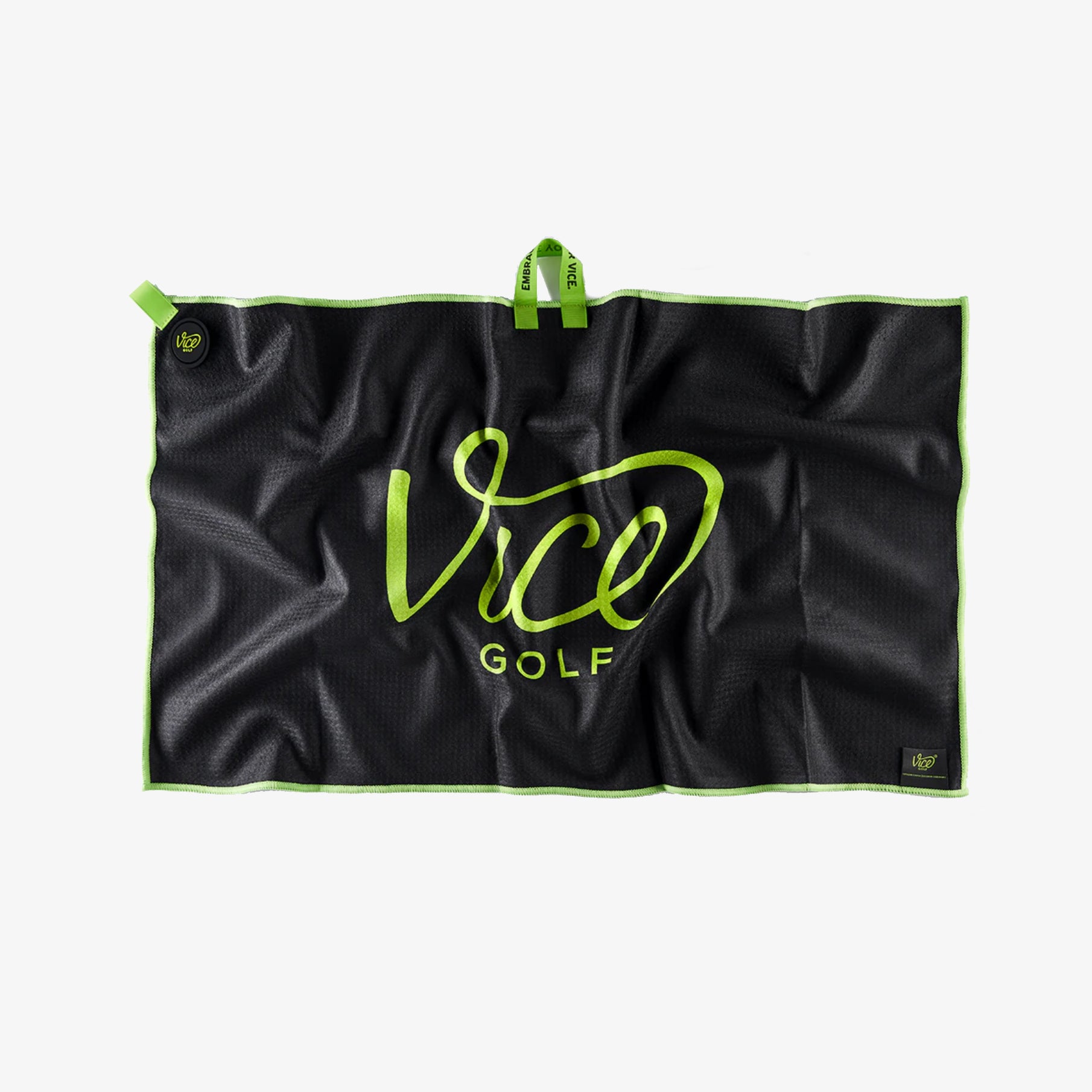 Black towel with green text and accents, featuring the 'Vice Golf' brand.