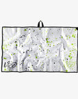 White towel with green and black speckles and 'Vice' branding on a white background