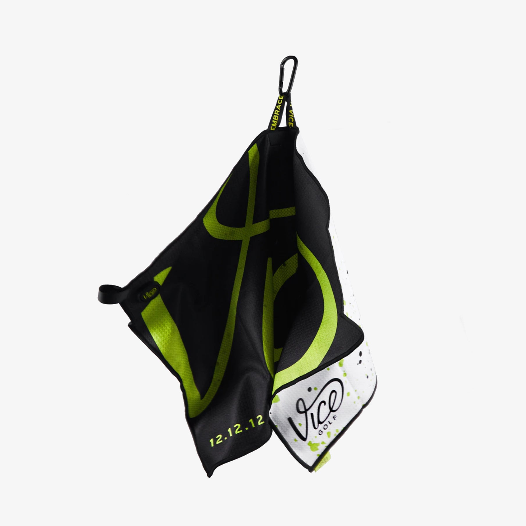 Black and green towel with 'Vice' branding on a white background