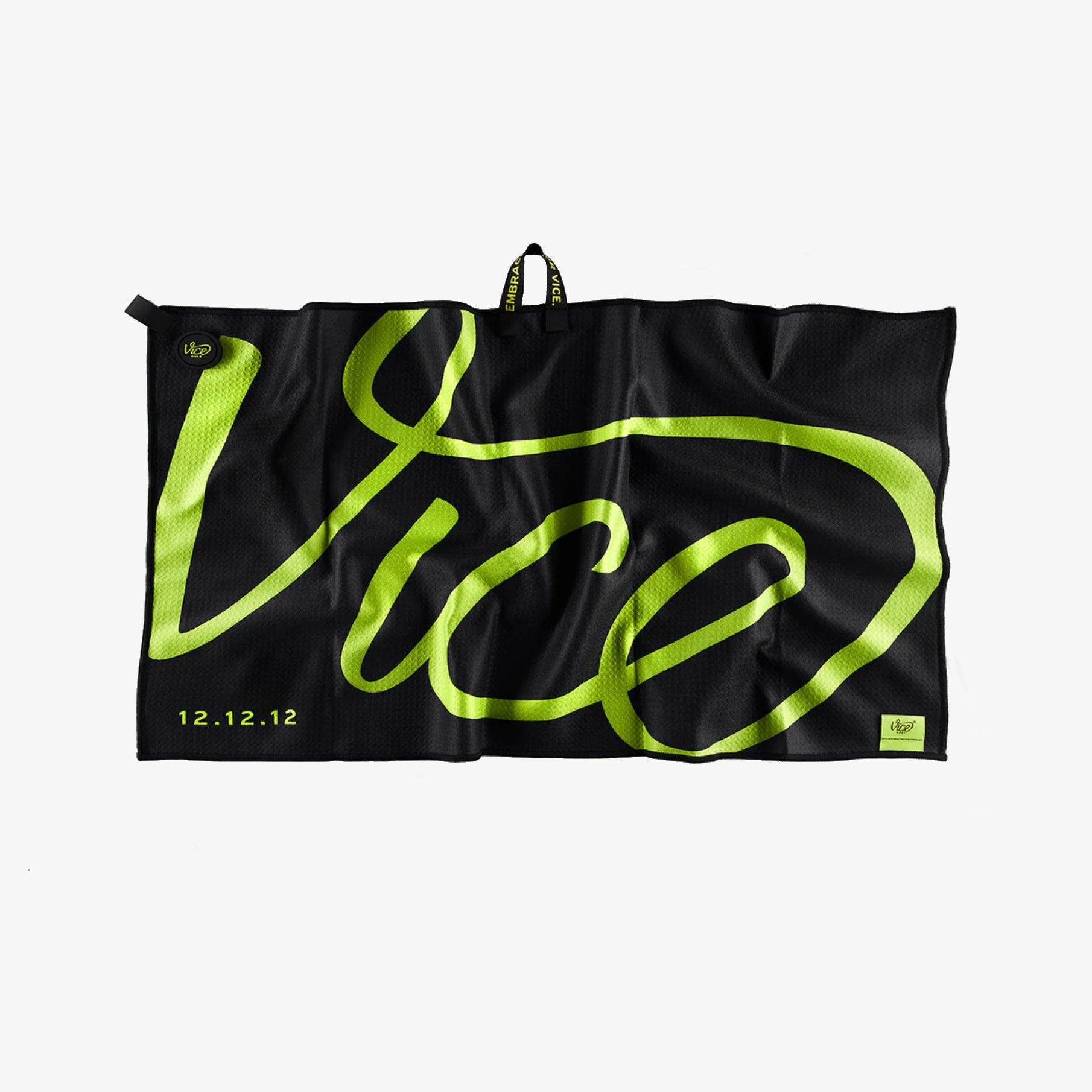 Black towel with green 'Vice' logo on a white background