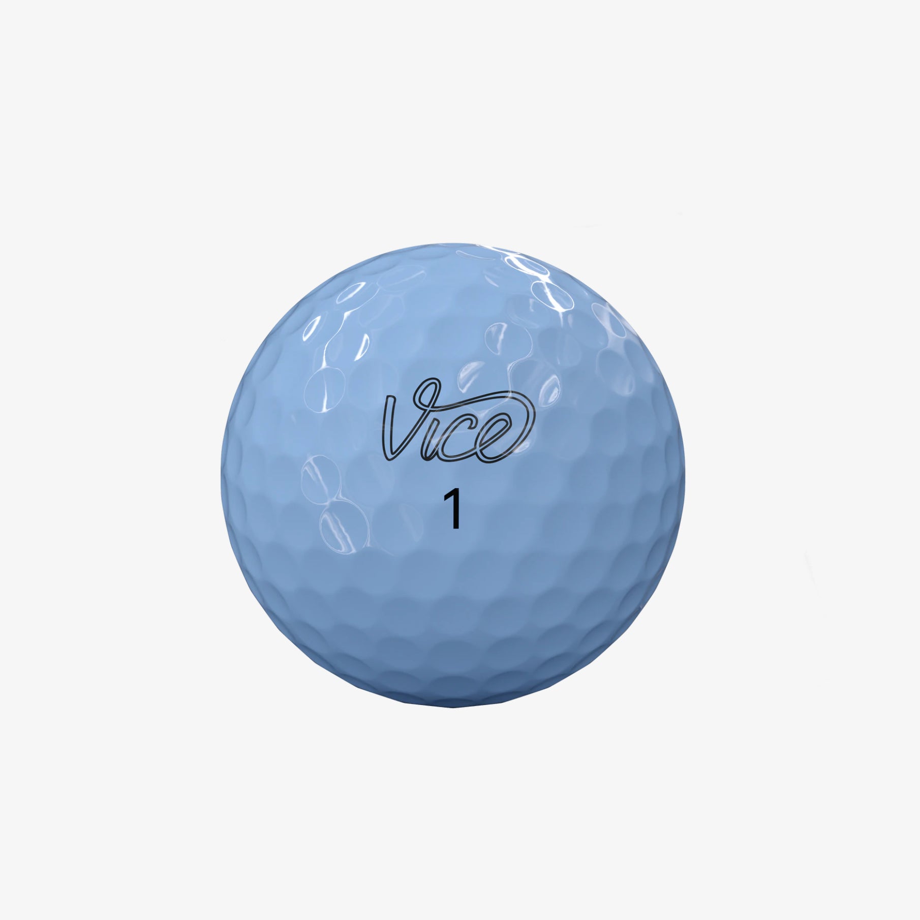 Blue golf ball with 'Vice' branding on a white background