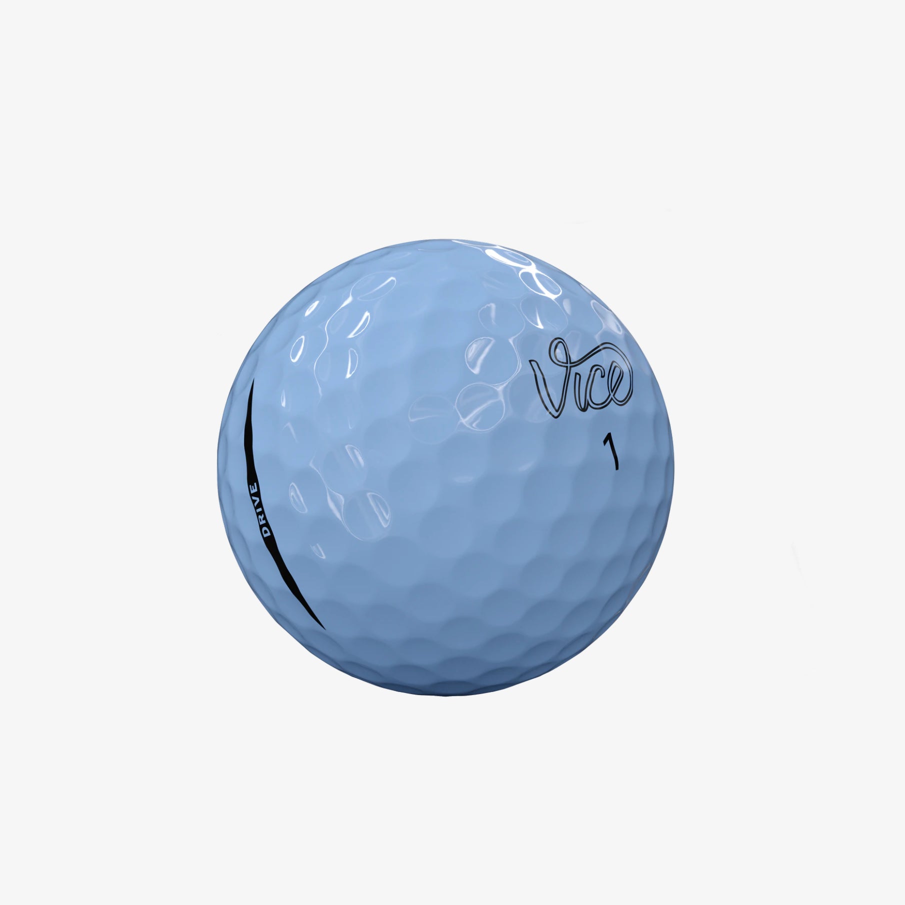 Blue golf ball with 'Vice' branding on a white background