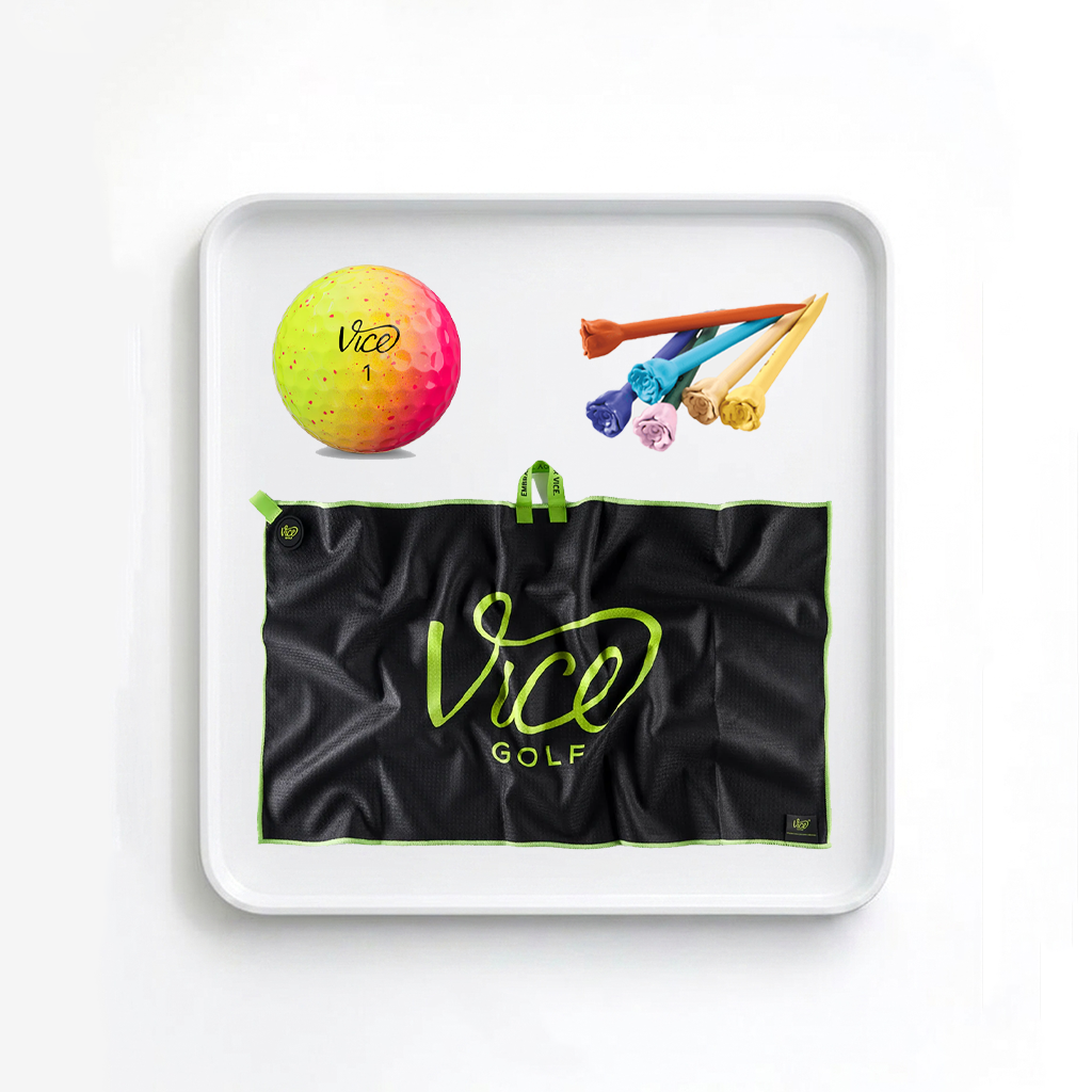 Vice Pro Neon Sunset Golf Balls + Gray Towel + Rose Tees Bundle